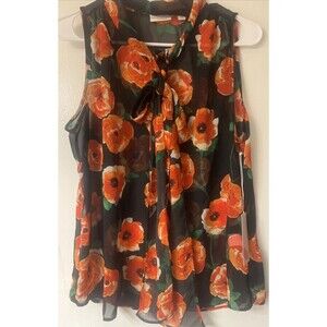 Eva Mendes Top Womens Floral Blouse Button Up Sheer Tie Neck Woven Small